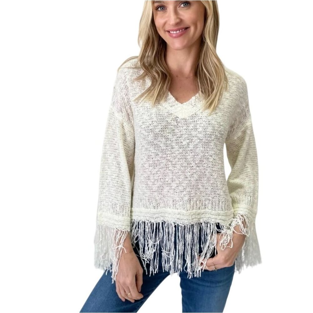 Six Fifty Ivory Crochet Fringe V-Neck Sweater M